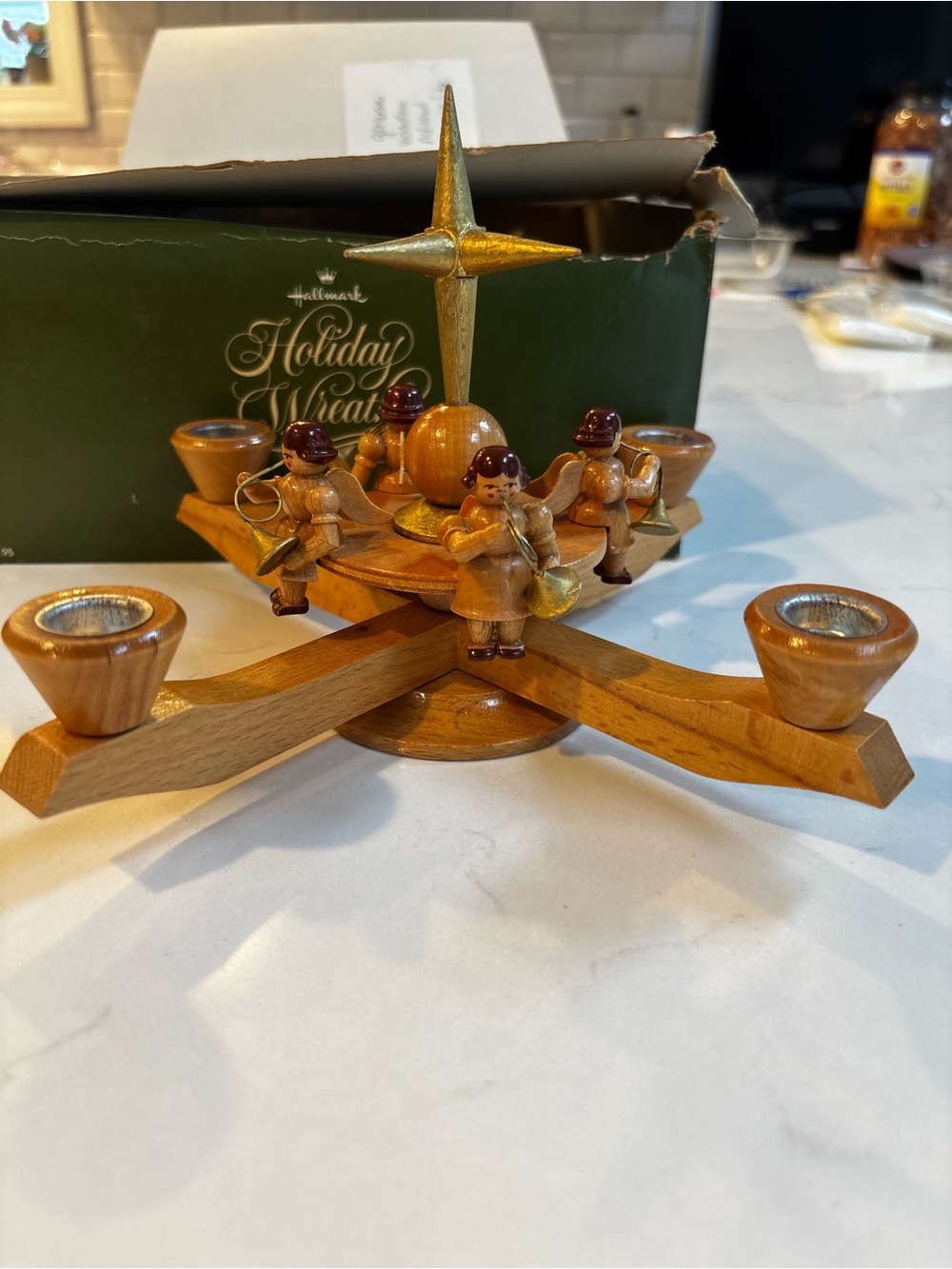 Vintage German Wooden Angel Taper Candleholder with Gold Star Accent
